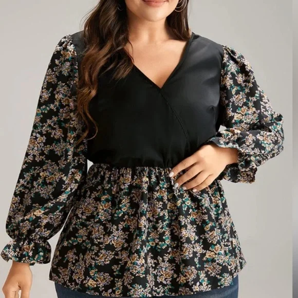 BloomChic Ditsy Floral Patchwork Elastic Waist Blouse Black / 22-24 / 3X - Picture 11 of 14